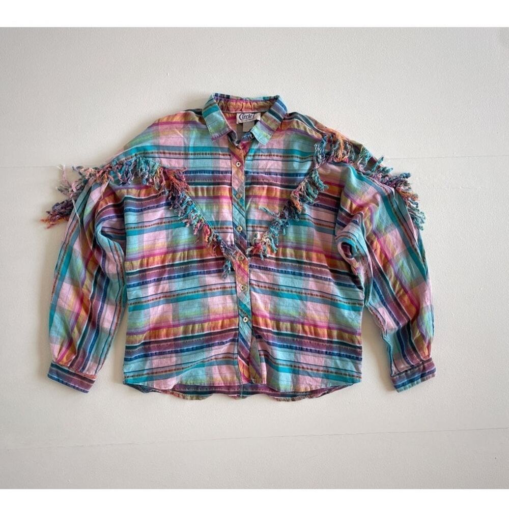 Vtg 80s Plaid Muslin Tassel Western Button Up Shirt / CIRCLE T / 13-14 / Cotton